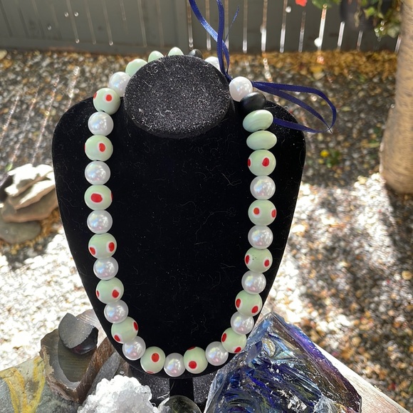 Retro Style 50’s Pin-Up Vibe Handmade Necklace w Upcycled Beads & Ribbon - Picture 1 of 6